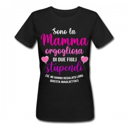 T-shirt donna nera Mamma orgogliosa di 2 figli stupendi! Idea regalo festa della mamma!