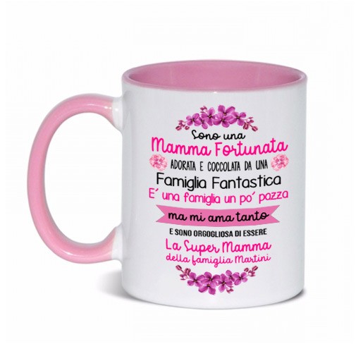 Tazza mug 11 oz rosa Sono una mamma fortunata personalizzata con nome della  famiglia! Idea regalo, festa della mamma!