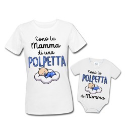 Pacchetto di coppia t-shirt e body mamma e bimbo Sono la Mamma di una polpetta, sono la polpetta di mamma!