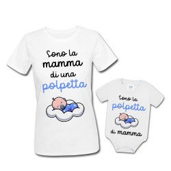 Pacchetto di coppia t-shirt e body mamma e bimbo Mamma di una polpetta, polpetta di mamma! Blue baby!