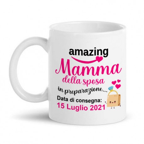 Tazza mug 11 oz Amazing Mamma della sposa, personalizzata con data delle nozze, nubilato!