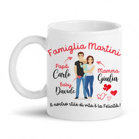 Tazza mug 11 oz Famiglia felice, mamma papà e bimbo o bimba, PERSONALIZZATA con cognome e nomi!