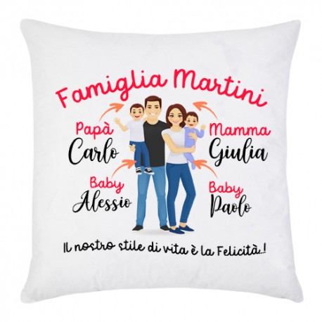 Federa per cuscino Famiglia felice, mamma papà e 2 figli maschi, PERSONALIZZATA con cognome e nomi!