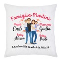 Federa per cuscino Famiglia felice, mamma papà e 2 figli maschi, PERSONALIZZATA con cognome e nomi!