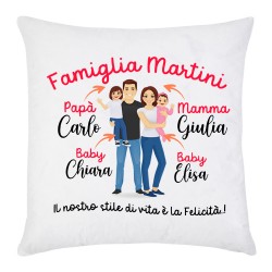 Federa per cuscino Famiglia felice, mamma papà e 2 figlie femmine, PERSONALIZZATA con cognome e nomi!