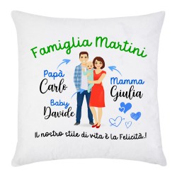 Federa per cuscino Famiglia felice, mamma papà e bimba o bimbo, PERSONALIZZATA con cognome e nomi!