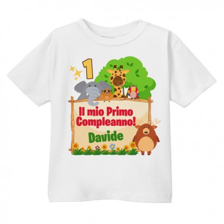 T-shirt bimbo e bimba Primo compleanno, un anno! PERSONALIZZATA CON NOME, giungla!