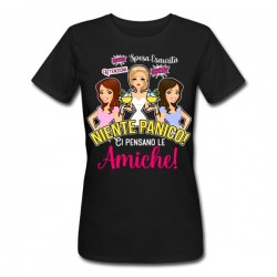 T-shirt donna nera Sposa esaurita niente panico ci pensano le amiche! Addio al Nubilato!