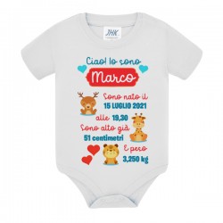 Body bimbo neonato Ciao! Animaletti dolci, personalizzato con nome, data e ora di nascita, peso e lunghezza!