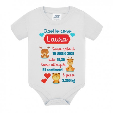 Body bimba neonata Ciao! Animaletti dolci, personalizzato con nome, data e ora di nascita, peso e lunghezza!