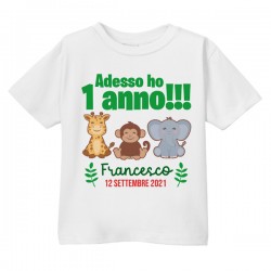 T-shirt bimbo e bimba Adesso ho 1 anno, festa primo compleanno giungla! Personalizzata con nome e data!