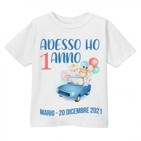 T-shirt bimbo e bimba Adesso ho 1 anno, primo compleanno animaletti! Personalizzata con nome e data!