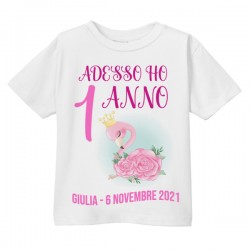 T-shirt bimba Adesso ho 1 anno, primo compleanno fenicottero rosa! Personalizzata con nome e data!