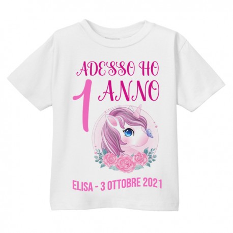 T-shirt bimba Adesso ho 1 anno, primo compleanno unicorno rosa!  Personalizzata con nome e data!