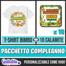 Pacchetto compleanno bimbo bimba: maglietta + 10 calamite bomboniere, personalizzabile, tema giungla!