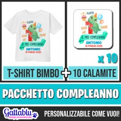 Pacchetto compleanno bimbo bimba: maglietta + 10 calamite bomboniere, personalizzabile, tema dinosauro!