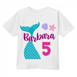 T-shirt bimba Compleanno coda di sirena personalizzata con nome e numero di anni! Bianca!