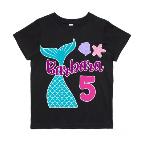 T-shirt bimba Compleanno coda di sirena personalizzata con nome e numero di anni! Nera!