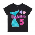 T-shirt bimba Compleanno coda di sirena personalizzata con nome e numero di anni! Nera!