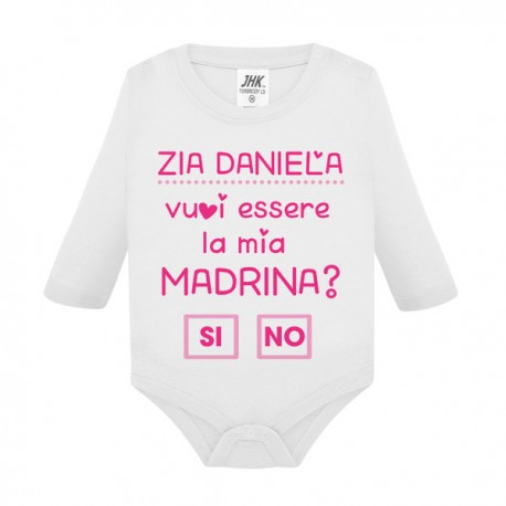 Body neonato bimbo e bimba manica lunga Zia vuoi essere la mia madrina? SI  o NO