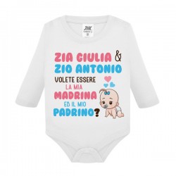 Body neonato manica lunga Zia e Zio volete essere mia madrina e mio padrino? Personalizzato con nomi! Fiocco azzurro!