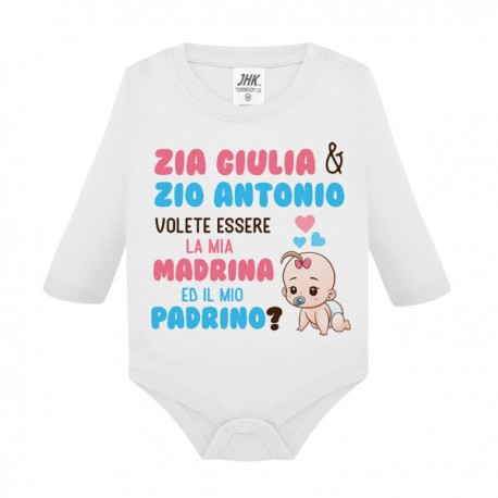 Body neonato manica lunga Zia e Zio volete essere mia madrina e mio padrino? Personalizzato con nomi! Fiocco rosa!