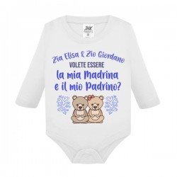 Body neonato manica lunga Zia e Zio volete essere mia madrina e mio padrino? Personalizzato con nomi! Orsetti, scritte azzurre!