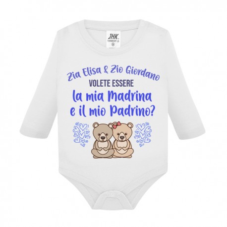 Body neonato manica lunga Zia e Zio volete essere mia madrina e mio padrino? Personalizzato con nomi! Orsetti, scritte azzurre!