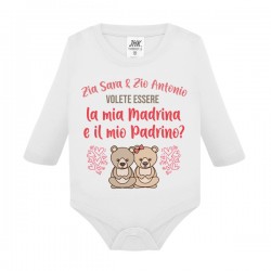 Body neonato manica lunga Zia e Zio volete essere mia madrina e mio padrino? Personalizzato con nomi! Orsetti, scritte rosa!