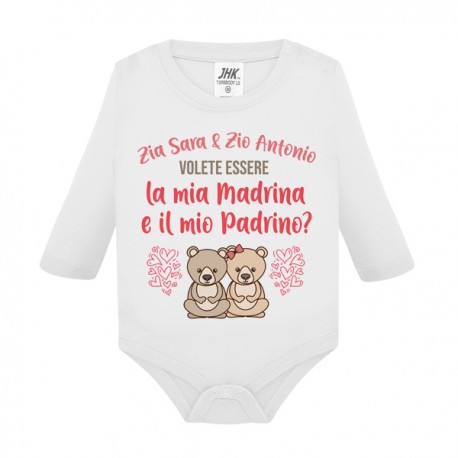 Body neonato manica lunga Zia e Zio volete essere mia madrina e mio padrino? Personalizzato con nomi! Orsetti, scritte rosa!