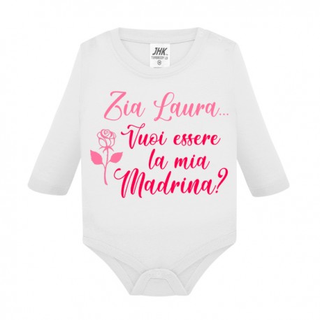 Body neonato manica lunga Zia vuoi essere la mia madrina? Fiorellino! Personalizzato con il nome!