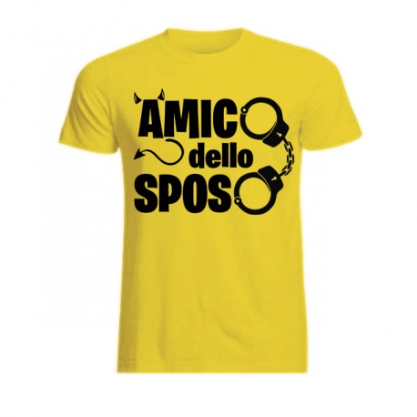 T-shirt uomo Addio al Celibato: amico dello sposo! Manette divertenti! Gialla!