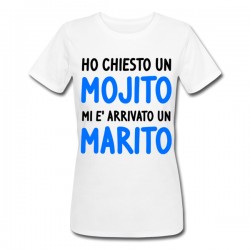 T-shirt donna Futura sposa Ho chiesto un mojito mi è arrivato un marito! Addio al nubilato, scritte azzurre!