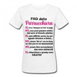 T-shirt donna FAQ della Parrucchiera, risposte divertenti a domande fastidiose! Idea regalo hair stylist! Bianca!