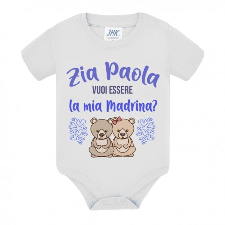 Body neonato neonata Zia vuoi essere la mia Madrina? Personalizzato con  nome! Orsetti, scritte azzurre!