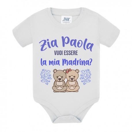 Body neonato neonata Zia vuoi essere la mia Madrina? Personalizzato con nome! Orsetti, scritte azzurre!