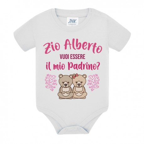 Body neonato neonata Zio vuoi essere il mio Padrino? Personalizzato con nome! Orsetti, scritte rosa!