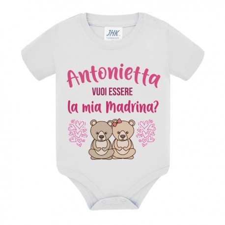 Body neonato neonata Vuoi essere la mia Madrina? Personalizzato con nome! Orsetti, scritte rosa!