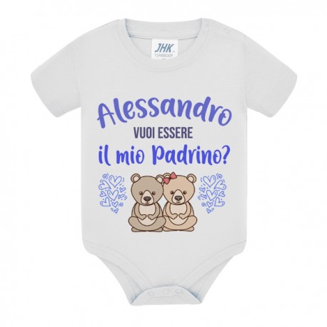 Body neonato neonata Vuoi essere il mio Padrino? Personalizzato con nome! Orsetti, scritte azzurre!