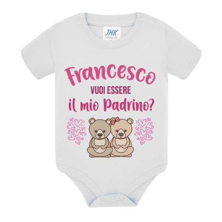 Body neonato neonata Vuoi essere il mio Padrino? Personalizzato con nome! Orsetti, scritte rosa!