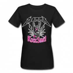 T-shirt donna Mamma Rockstar! Idea regalo Festa della Mamma, mano rock con smalto fucsia! Nera!
