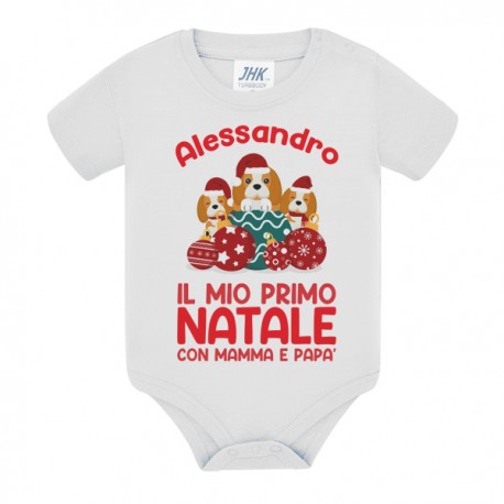 Body neonato neonata Il mio primo Natale con mamma e papà, personalizzato con il nome di bimba o bimbo! Cagnolini cuccioli! 