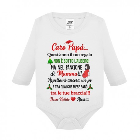 Body neonato manica lunga Caro Papà, il tuo regalo è nel pancione di mamma! Buon Natale! Personalizzato con il nome!