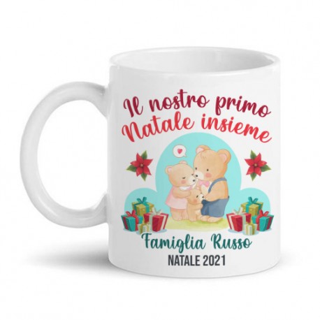 Tazza mug 11 oz Il nostro primo Natale insieme, personalizzata con cognome di famiglia! Mamma e papà orso!