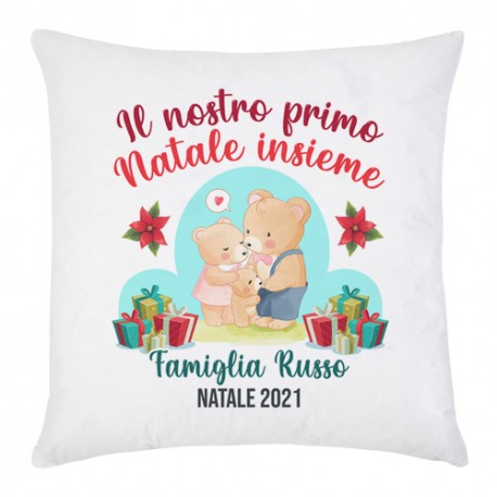 Federa per Cuscino Il nostro primo Natale insieme, personalizzata con cognome di famiglia! Mamma e papà orso!