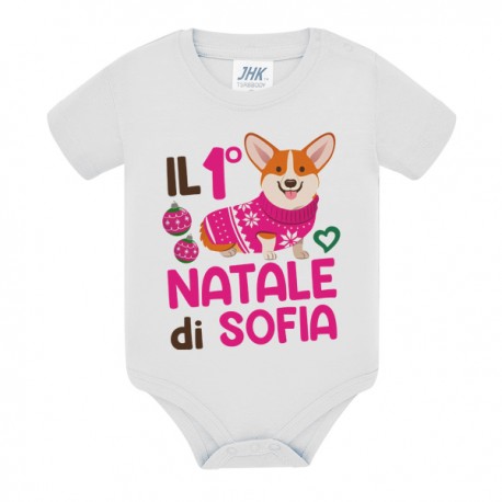 Body neonata Il Primo 1° Natale di, personalizzato con nome di bimba! Cagnolino natalizio!