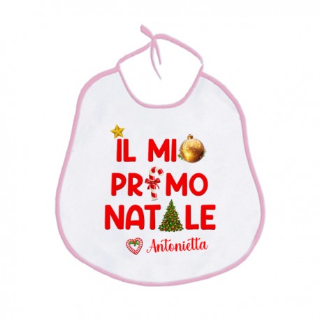 Bavaglino bavetta neonata Il Mio Primo 1° Natale, personalizzato con nome di bimba! 