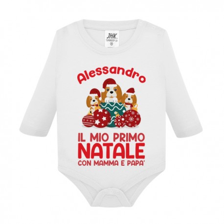  Body neonato neonata manica lunga Il mio primo Natale, personalizzato con nome di bimbo o bimba! Cagnolini!