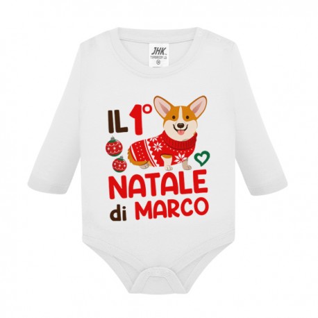 Body neonato neonata manica lunga Primo 1° Natale, personalizzato con nome di bimbo o bimba! Cagnolino!