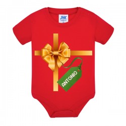 Body neonato neonata Pacco regalo, fiocco coccarda, Personalizzato con nome bimbo o bimba! Rosso per Primo Natale!